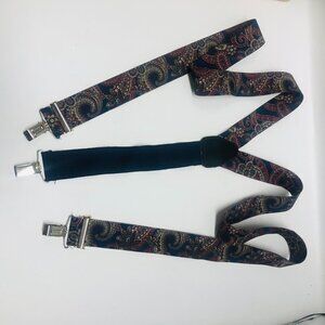 Vintage Unbranded Navy Blue Elasticated Paisley Pattern Braces With Metal Clips